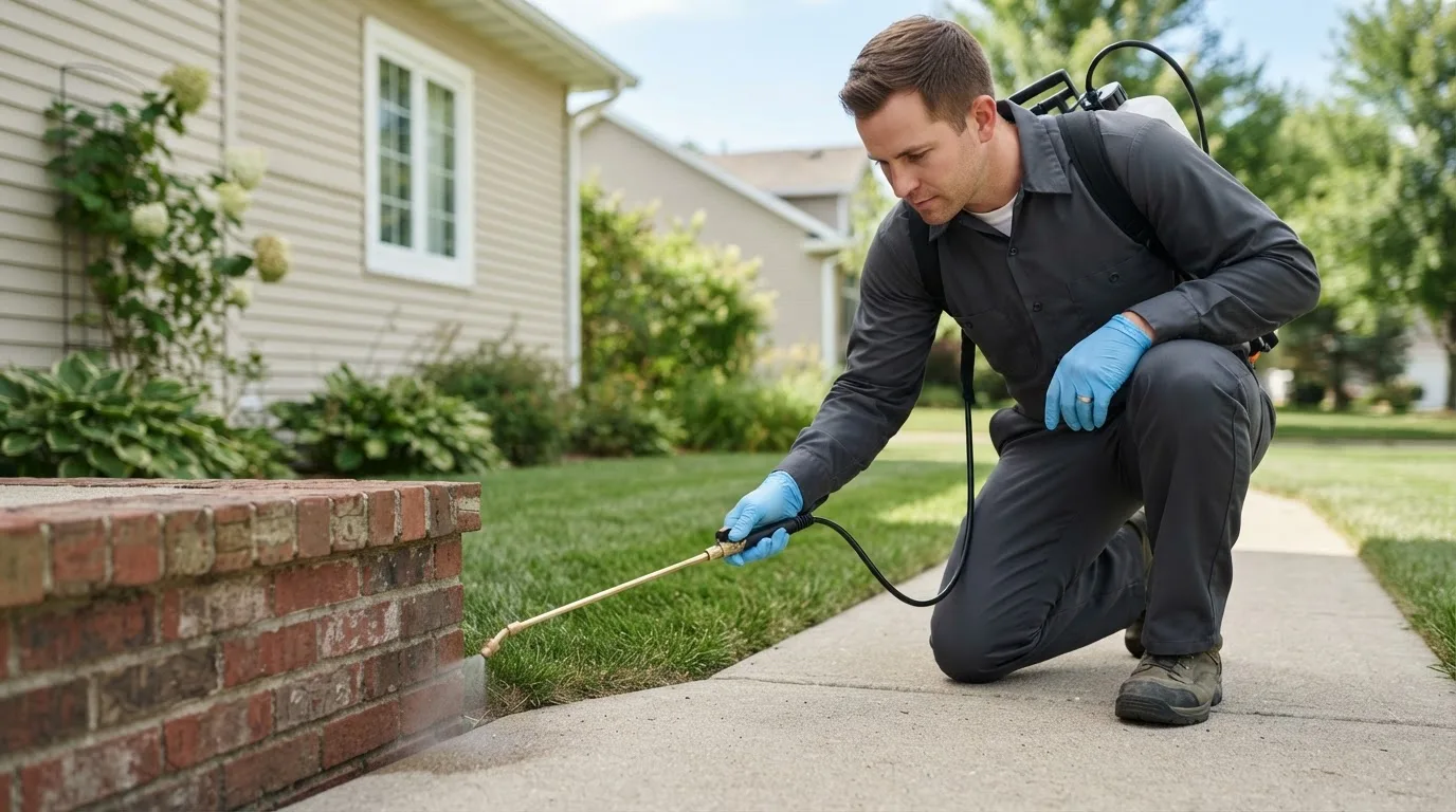 Pest control technician treating a home near Lawrence, IN