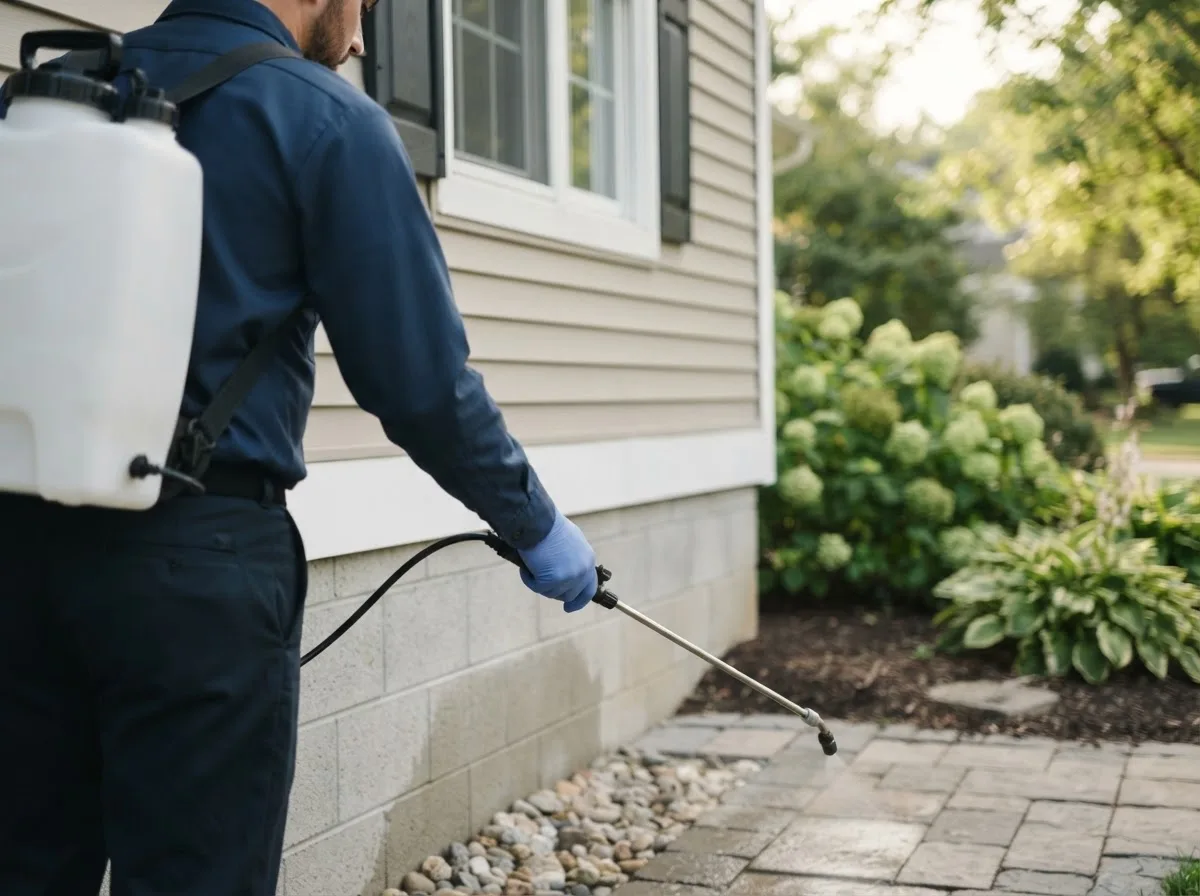 Pest control technician inspecting a home in Lawrence, IN